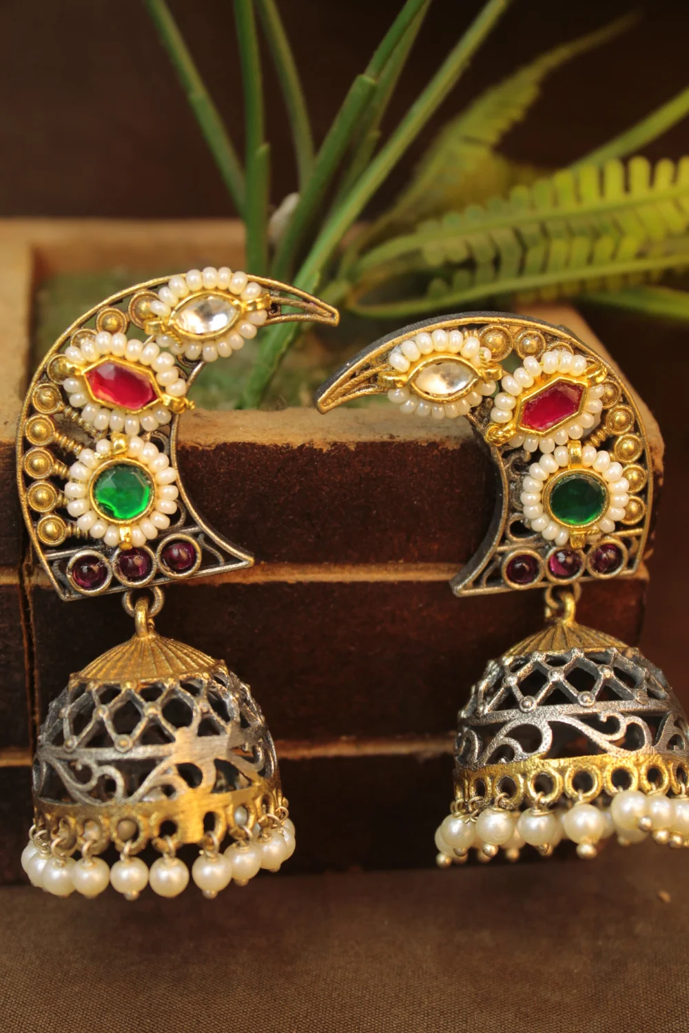 Silver Replica Monalisa Stone Pachi Fusion Jhumki Earring