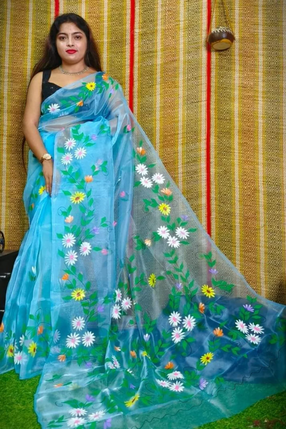 Sky Blue Organza Handprinted Saree