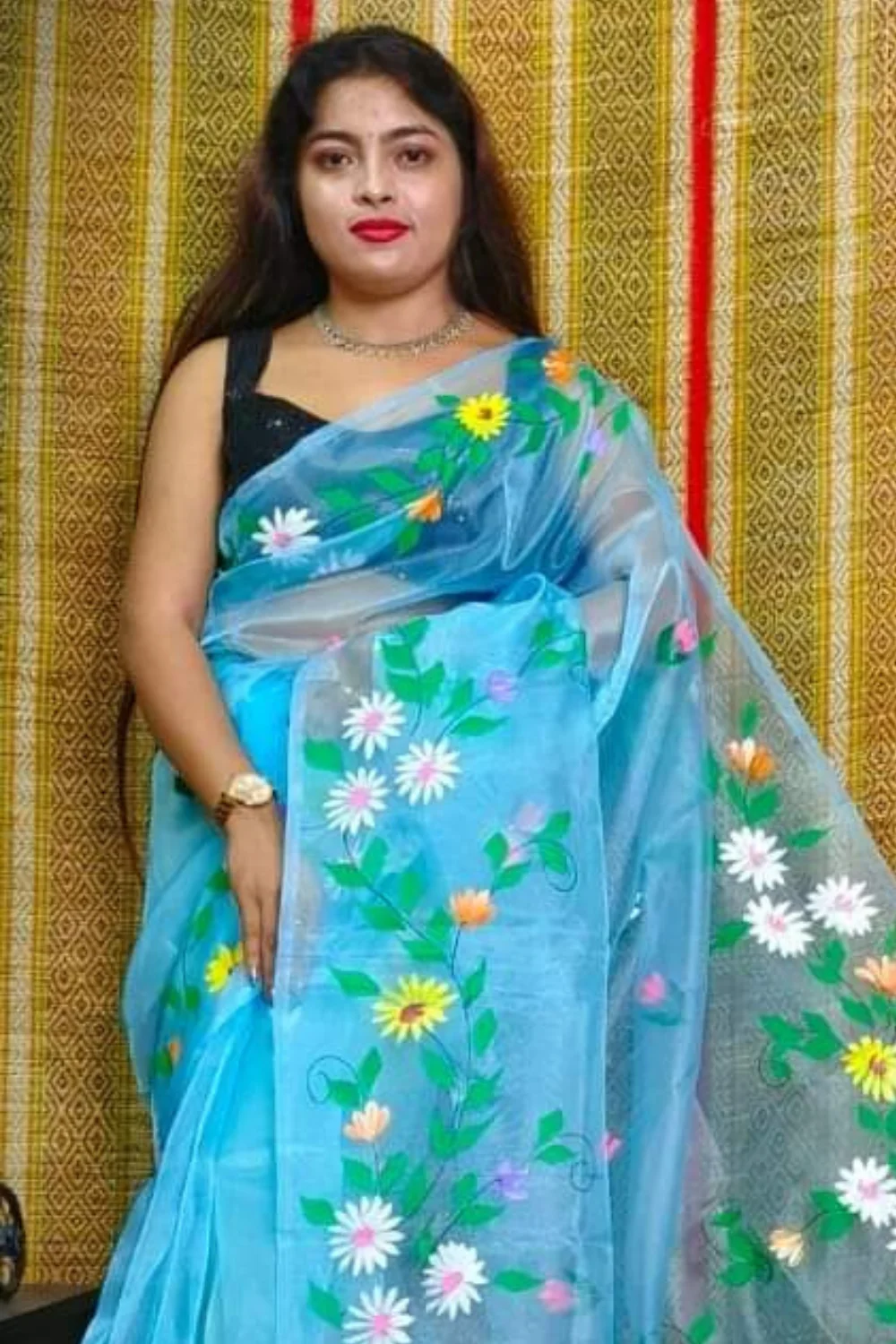 Sky Blue Organza Handprinted Saree