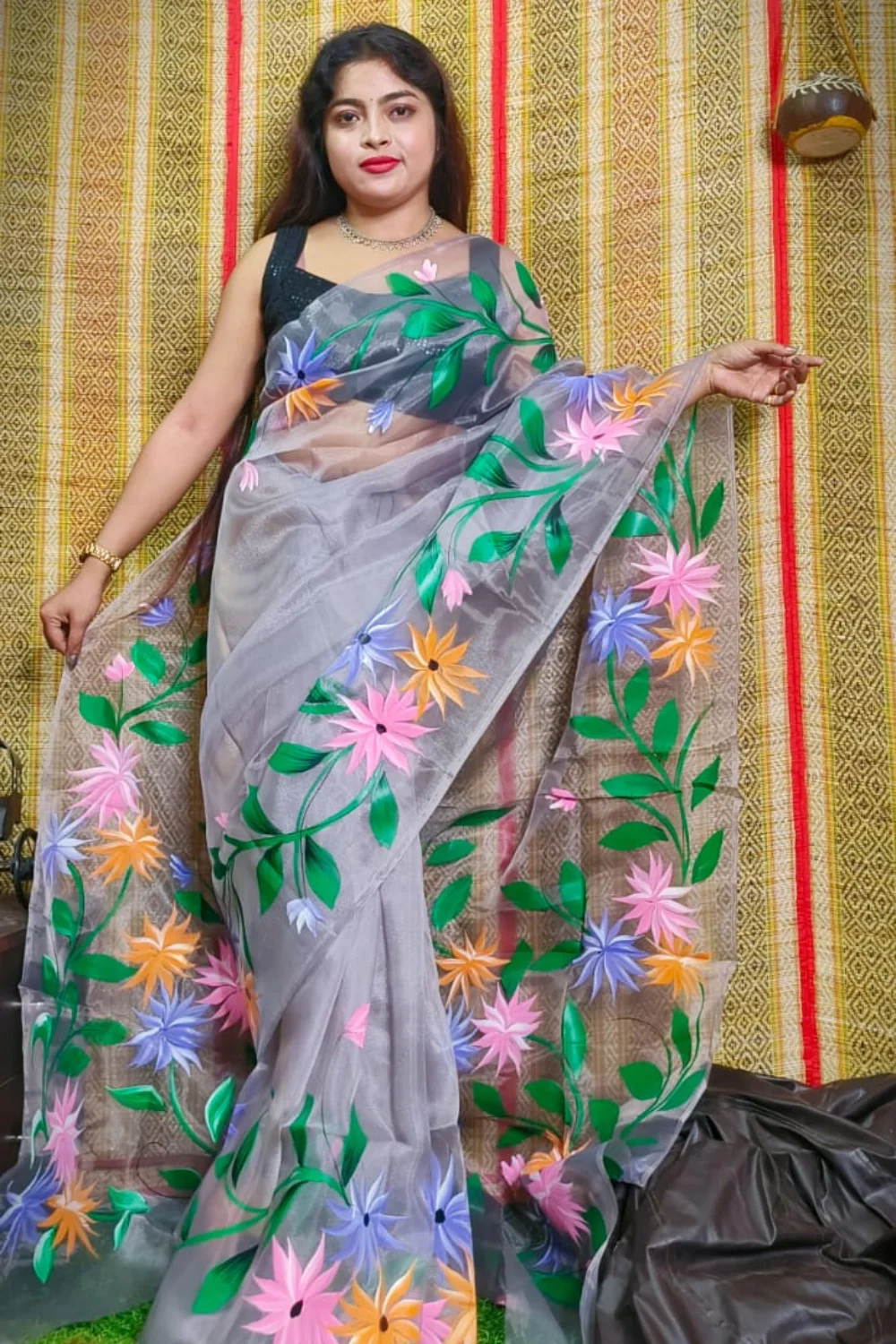 Gray Organza Handprinted Saree