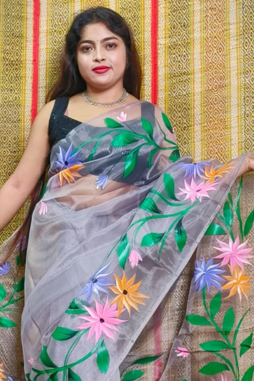 Gray Organza Handprinted Saree