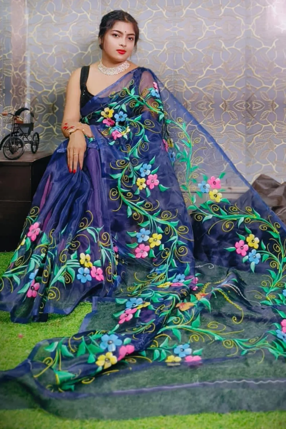 Dark Blue Organza Handprinted Saree