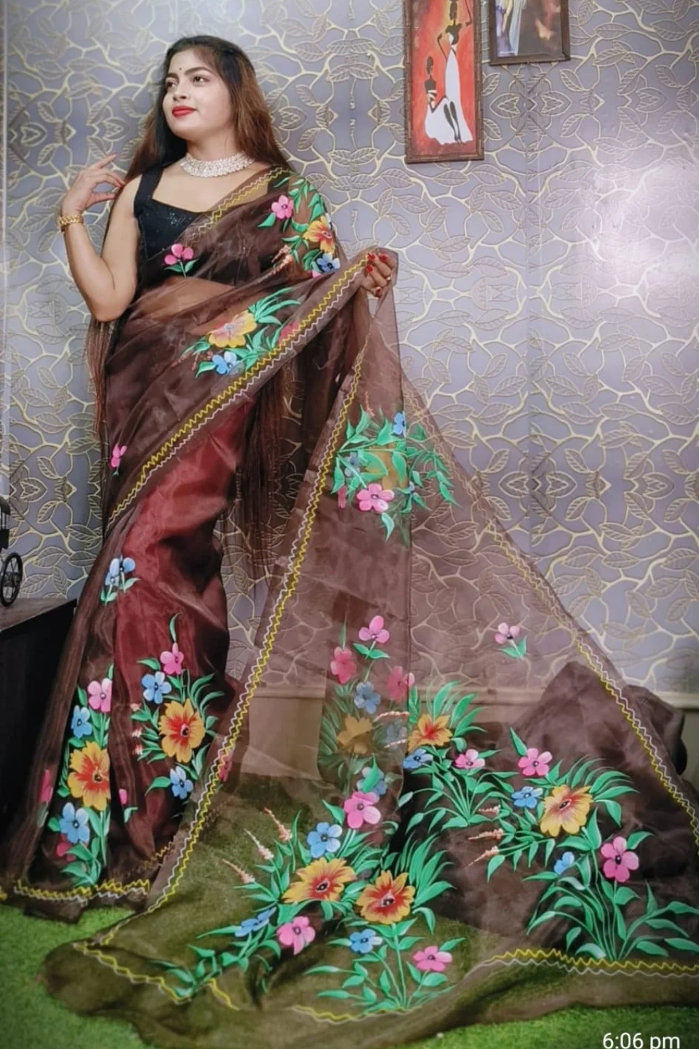 Brown Organza Handprinted Saree