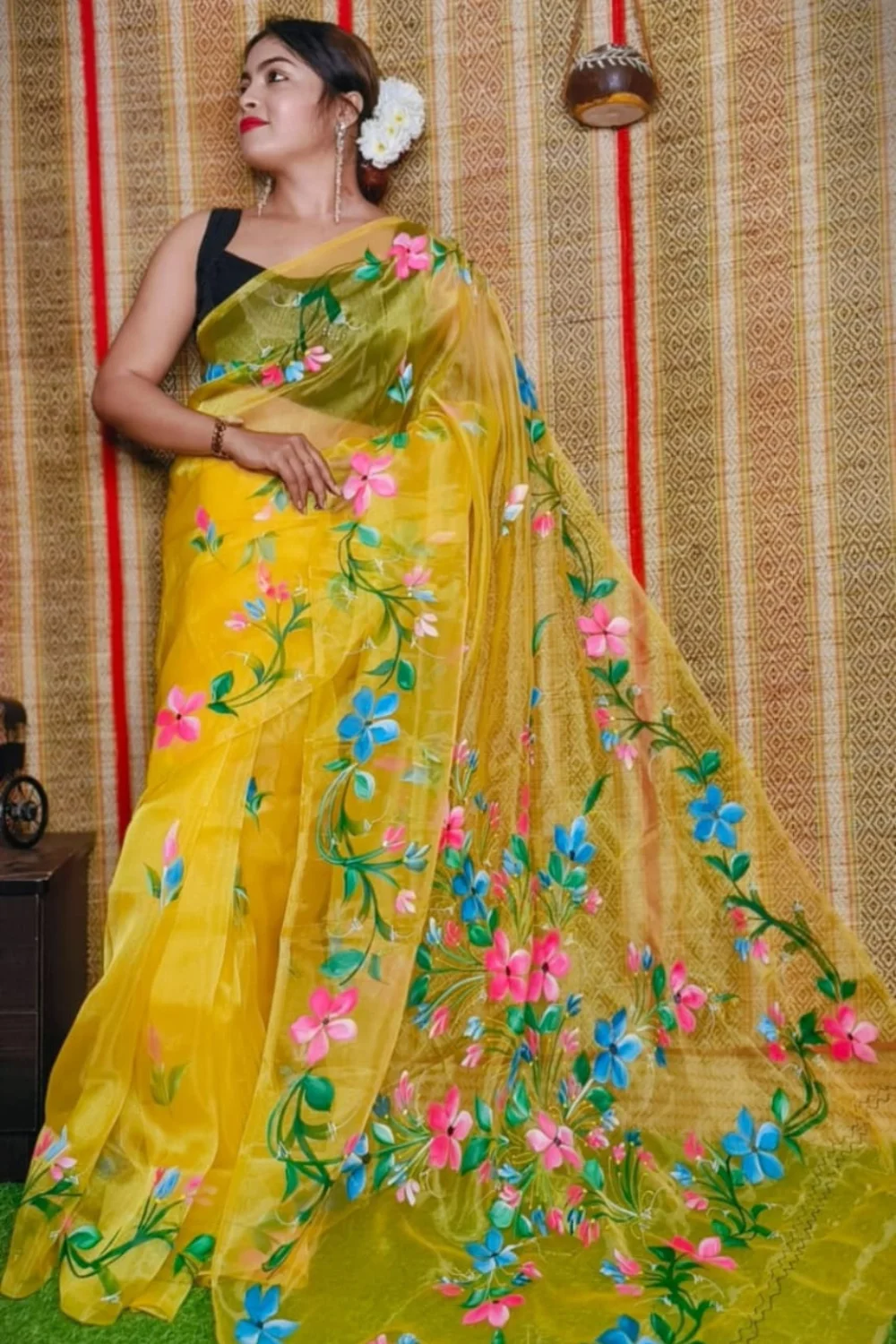 Yellow Organza Handprinted Saree