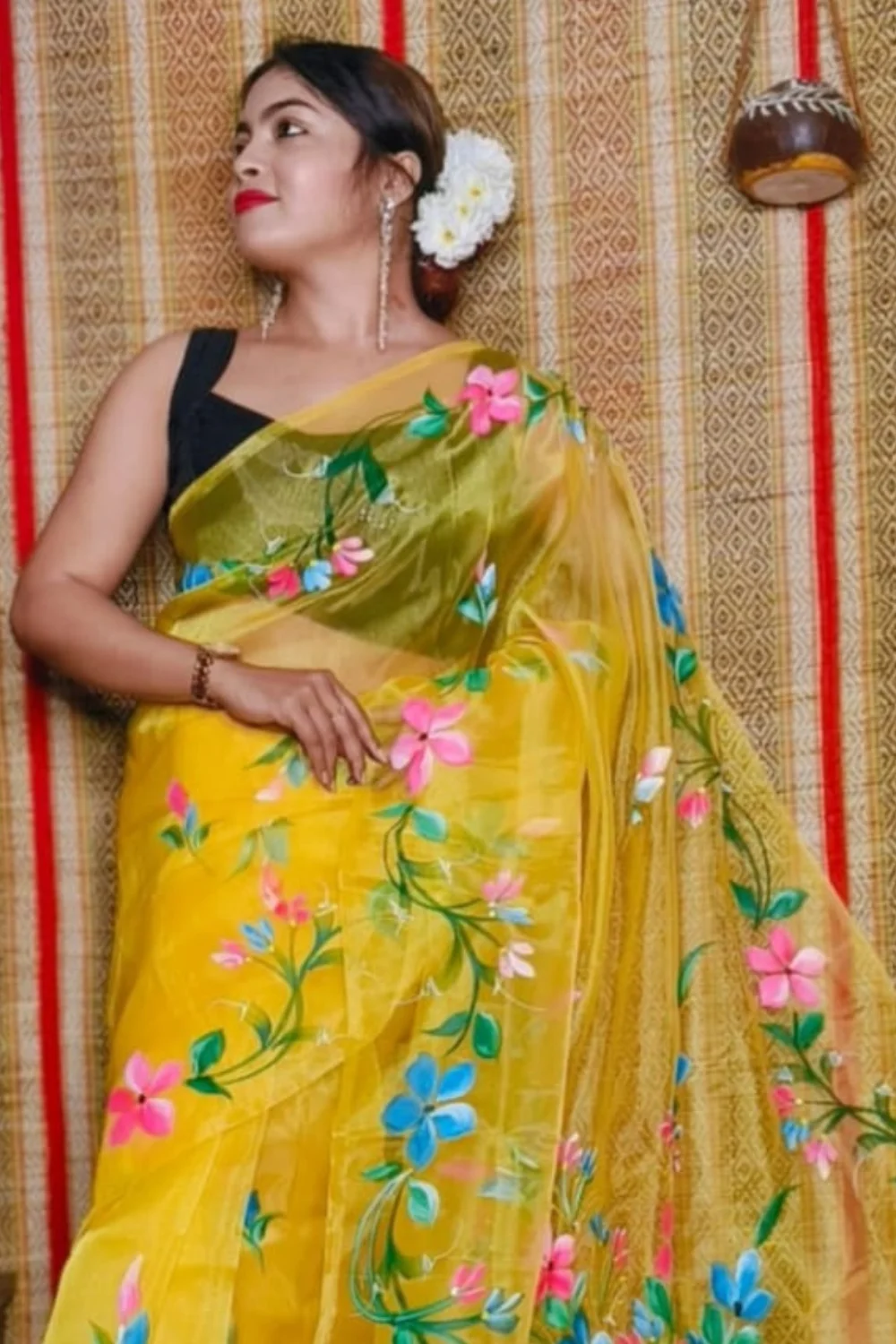 Yellow Organza Handprinted Saree