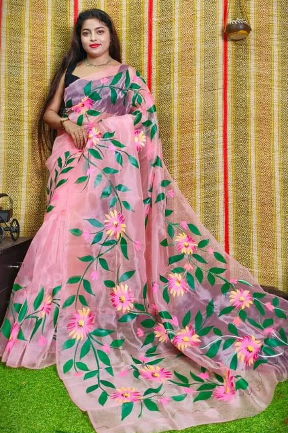 Pink Organza Handprinted Saree