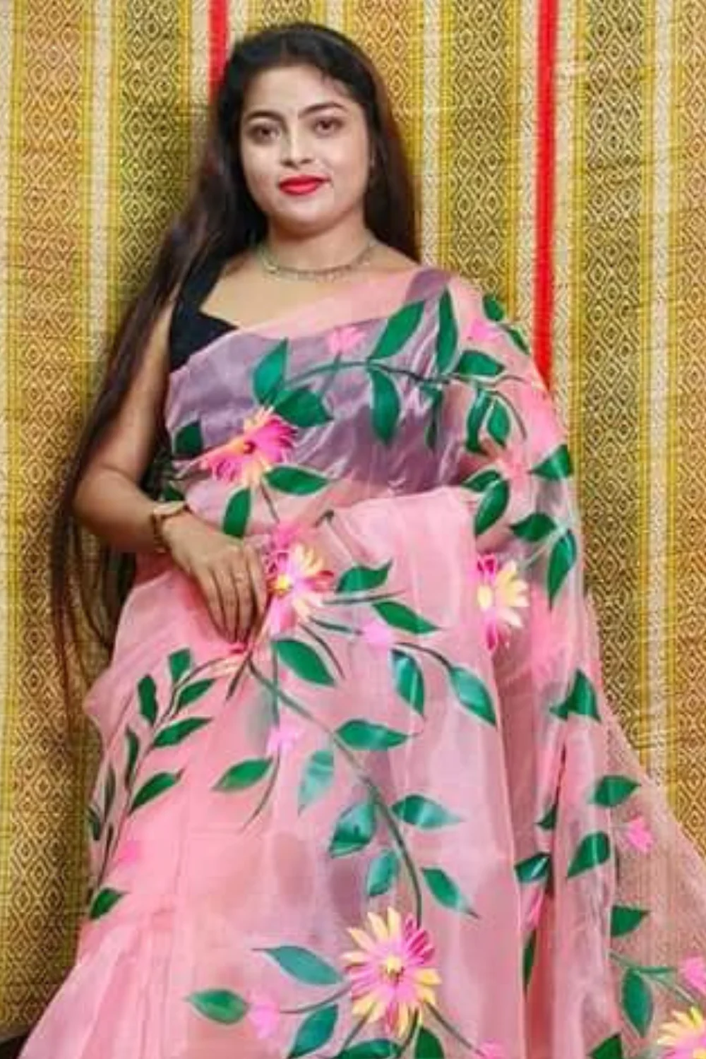 Pink Organza Handprinted Saree