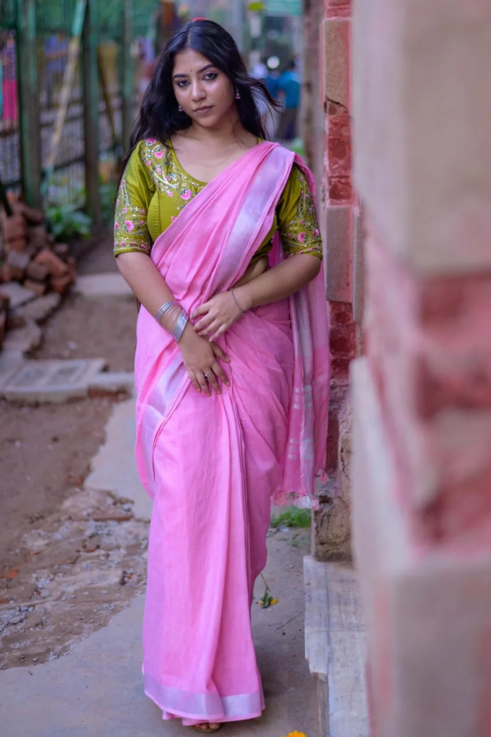 Pink Linen Silk Saree