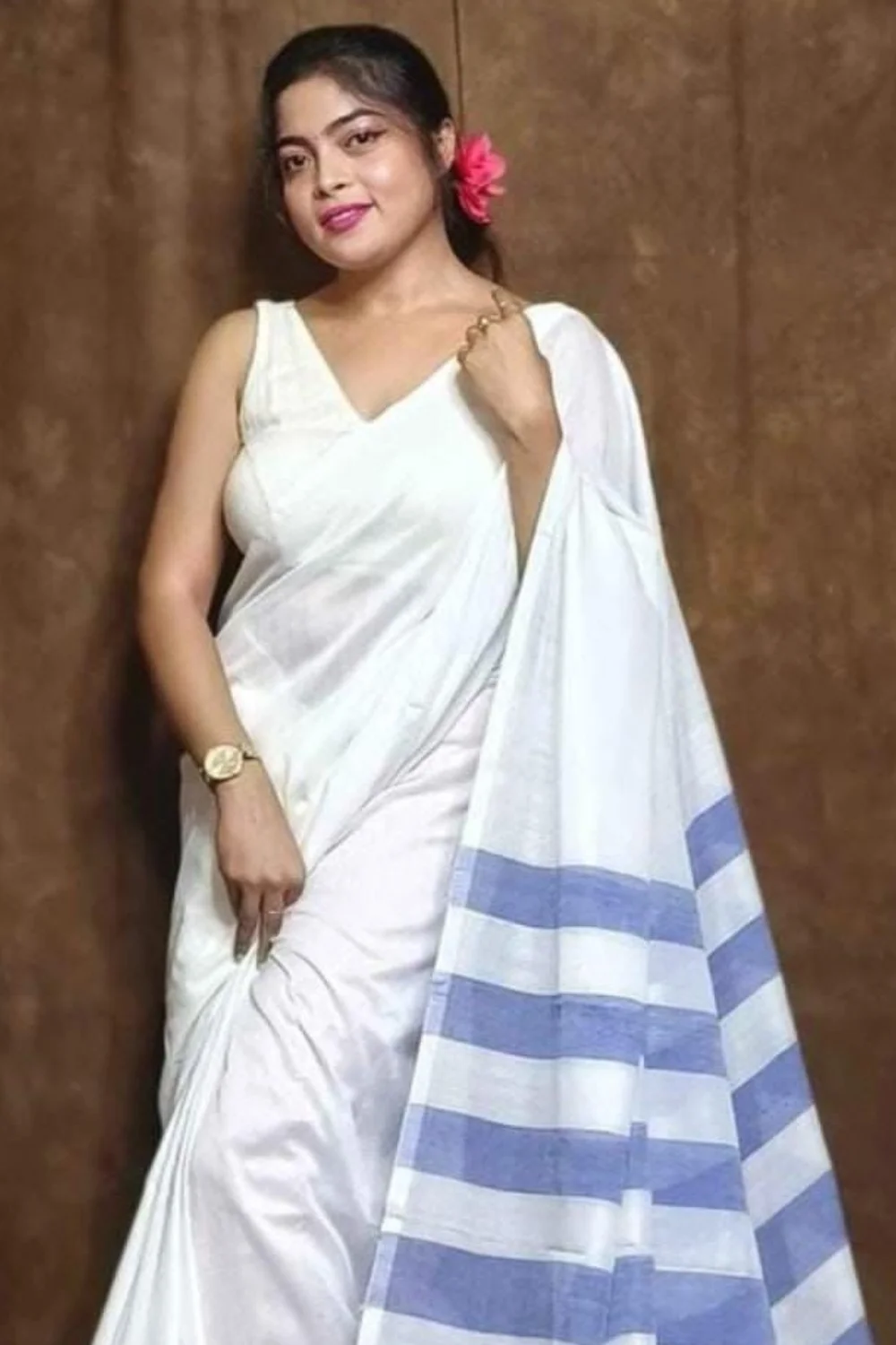 White and Blue Soft Khadi Cotton Saree