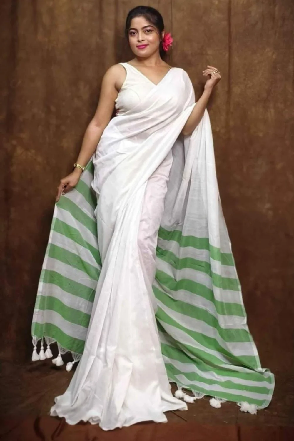 White and Green Soft Khadi Cotton Saree