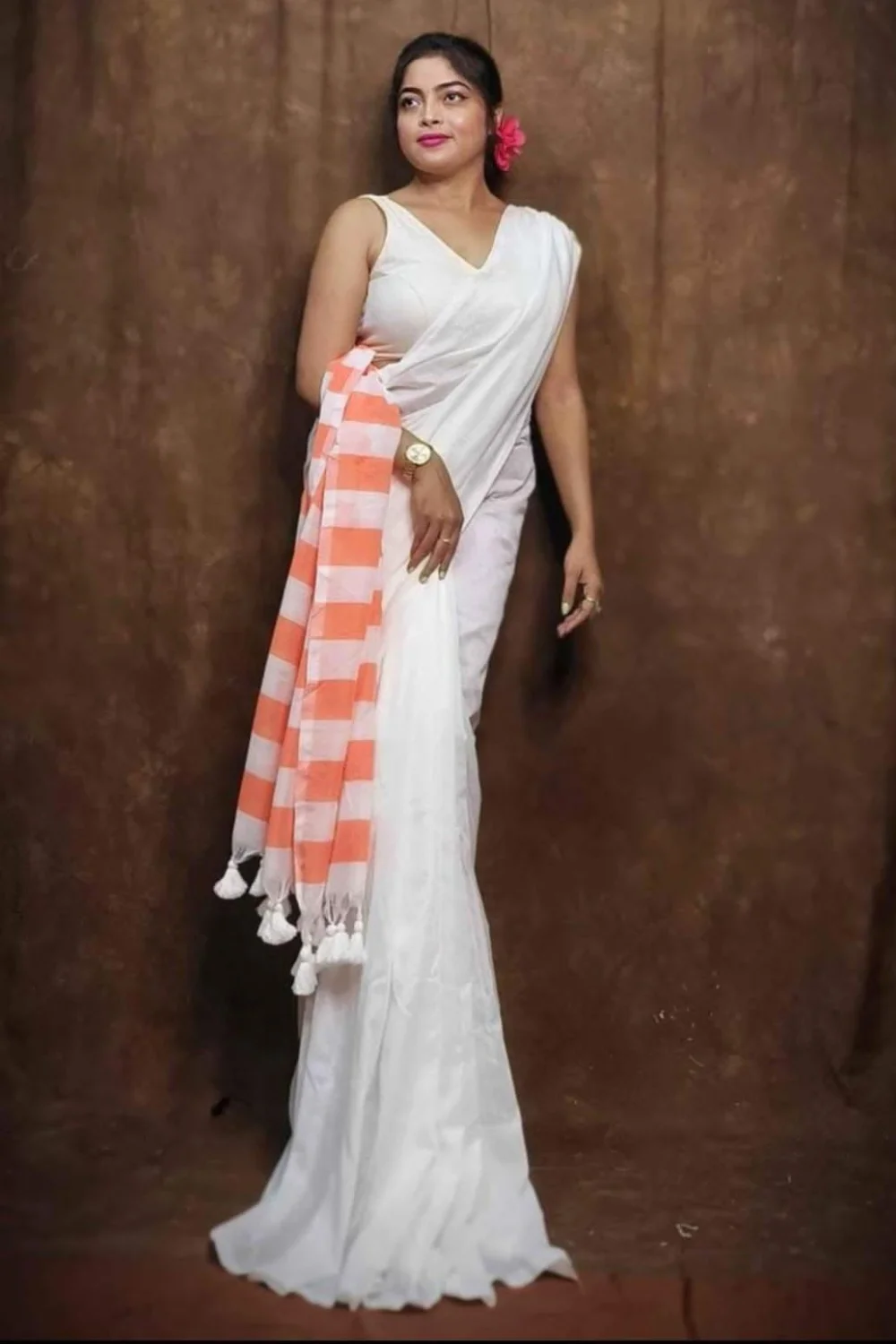 White and Orange Soft Khadi Cotton Saree